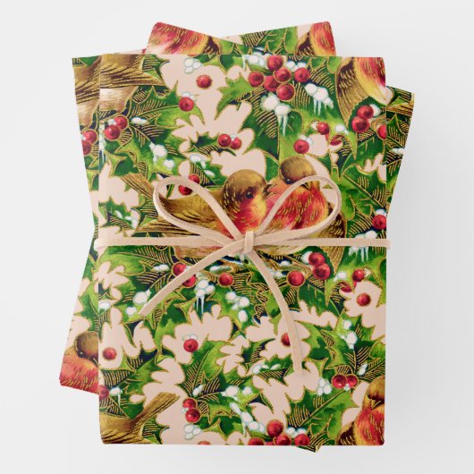 Weihnachtsgeburten Holly Imitate Gold Muster Geschenkpapier Set (Beispiel)