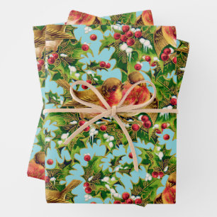 Weihnachtsgeburten Holly Imitate Gold Muster Geschenkpapier Set