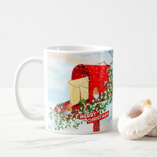 Weihnachtsgeburten im Winter und eine rote Postbox Kaffeetasse (Mit Donut)