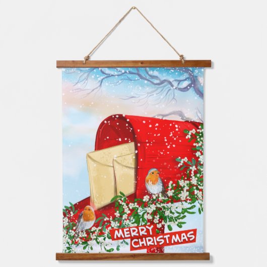 Weihnachtsgeburten Rote Post Box Schnee Winter Wandteppich Mit Holzrahmen (Vorderseite)