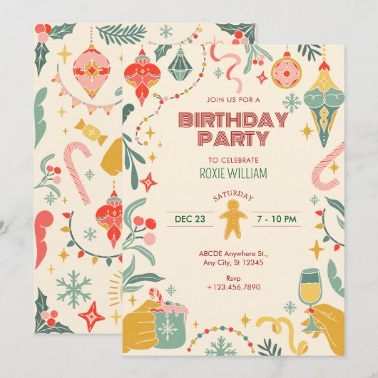Weihnachtsgeburtstagsgeschmack Einladung (Vorne/Hinten)