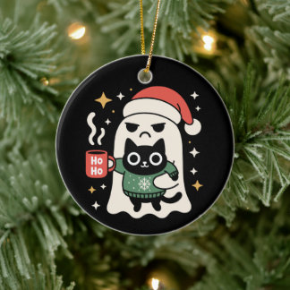Weihnachtsgeist hält Katze mit Weihnachtsmannhut K Keramik Ornament