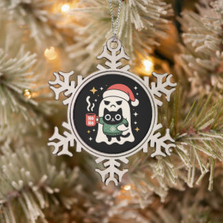 Weihnachtsgeist hält Katze mit Weihnachtsmannhut K Schneeflocken Zinn-Ornament