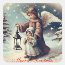 Weihnachtsgel , Kind und Vögel Quadratischer Aufkleber