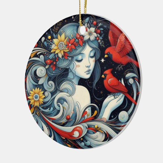 Weihnachtsgel und Kardinäle Keramik Ornament (Links)