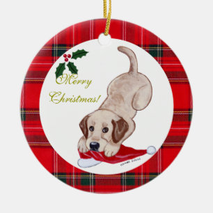 Weihnachtsgelbe Labrador-Welpe-Weihnachtsmannmütz Keramik Ornament