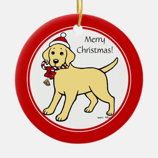 Weihnachtsgelber Labrador Welpenwelpen-Cartoon Keramikornament (Vorne)