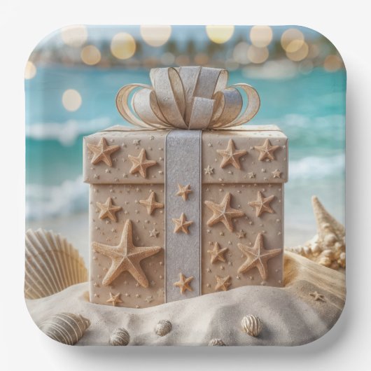 Weihnachtsgeschenk am Strand mit Starfish Pappteller (Vorderseite)