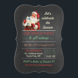 Weihnachtsgeschenk-Austausch Vintage Weihnachtskar Einladung<br><div class="desc">Weihnachtsgeschenk-Austausch-Party, Vintager Weihnachtsmann mit Geschenk/Geschenk, Chalkboard-Stil, santa Roter Anzug/Hut/Weißer Bart, Feiern der Saison, Feiertagsvorstellung, Rot/Grün/Beige Retrofarben, festliches/lustiges/einfaches Design, antike Illustration/Bild/digitale Collage, Vintag inspiriert/Stil/Look/Look/Look/Look/Look/Look/Look, vollständig anpassbare Textvorlage, grün-Muster, grün/Weiß/Weiß gestreift. Party-Design mit antiken Illustrationen des Weihnachtsmannes, in rotem Anzug, und die Worte "Feiern wir die Jahreszeit". Das Vintage-Bild wird auf schwarzem Chalkboard-Hintergrund...</div>