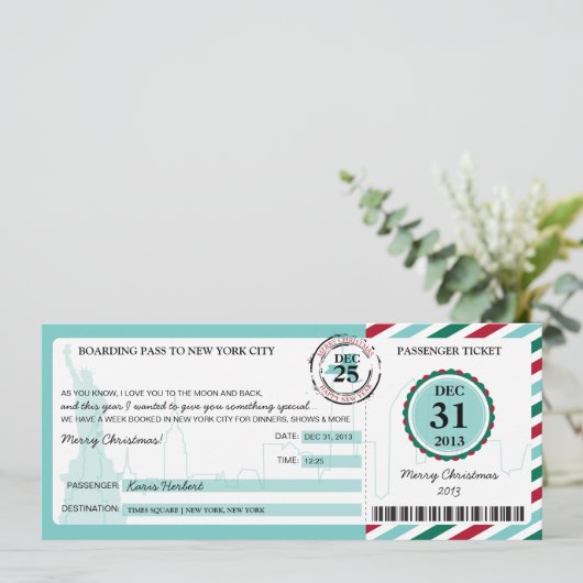 Weihnachtsgeschenk Boarding Pass auf NEW YORK Einladung (Stehend Vorderseite)