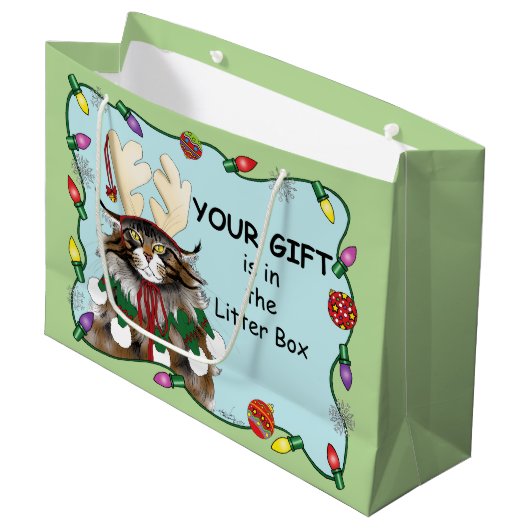 Weihnachtsgeschenk Cat Green Funny Große Geschenktüte (Vorderseite Schrägansicht)