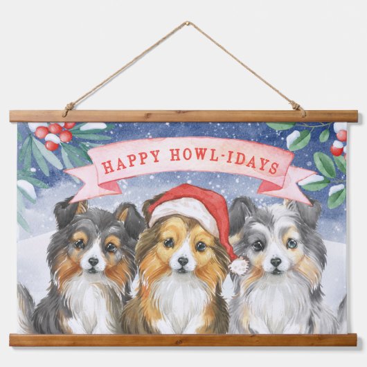 Weihnachtsgeschenk im Wasserfarben Happy Howlidays Wandteppich Mit Holzrahmen (Vorne)