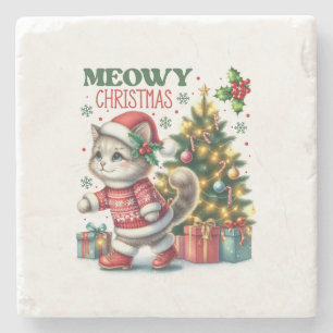 Weihnachtsgeschenk Meowy Christmas Steinuntersetzer