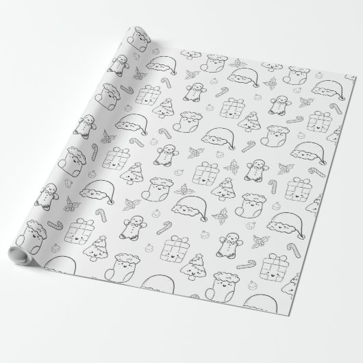 Weihnachtsgeschenk Niedlich Kawaii Doodle Schwarz- Geschenkpapier (Ungerollt)