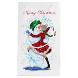 Weihnachtsgeschenk Tag Snowman und Girl Dance - Sp Kleine Geschenktüte