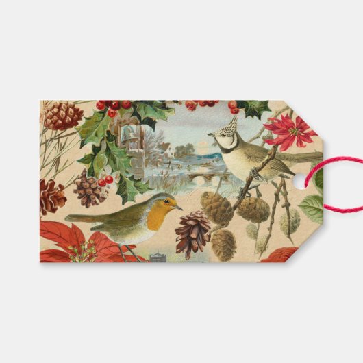 Weihnachtsgeschenk-Tags mit Vögeln und Blume Geschenkanhänger (Vorderseite (Horizontal))
