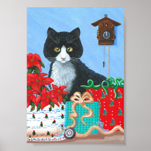 Weihnachtsgeschenk Tuxedo Cat Poinsettias Creation Poster