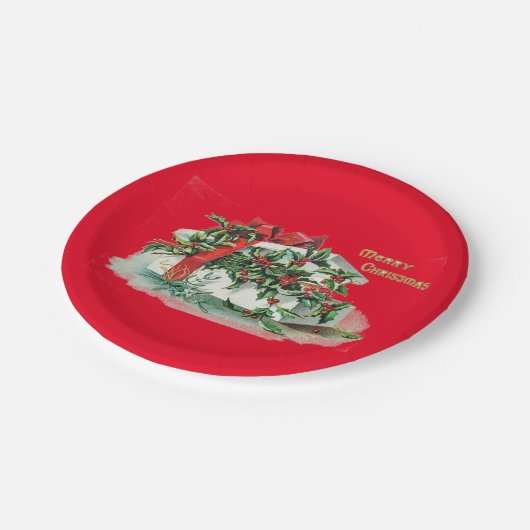 Weihnachtsgeschenk und Holly-Party Pappteller (Schrägansicht)