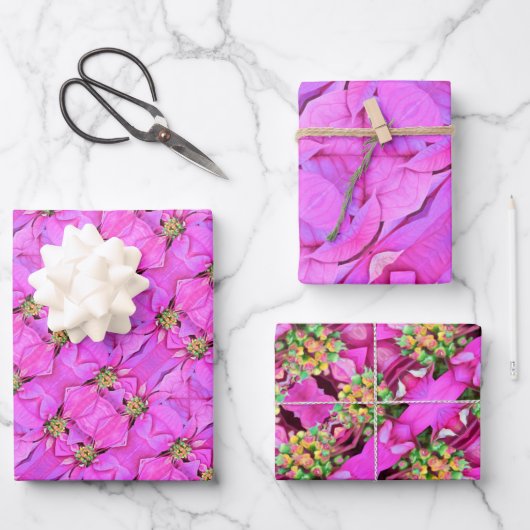 Weihnachtsgeschenk Wrap Pink Poinsettias Geschenkpapier Set (Vorderseite)