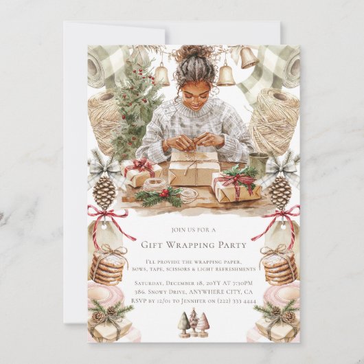 Weihnachtsgeschenk Wrapping Party Afrikanisch Amer Einladung (Vorderseite)