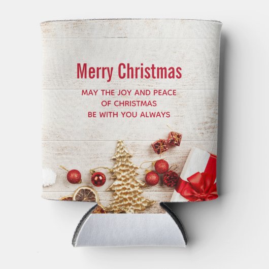 Weihnachtsgeschenkartikel auf einem rustikalen Hol Dosenkühler (Vorderseite)