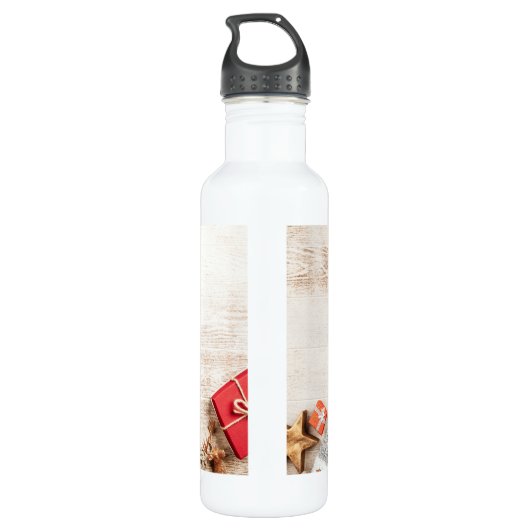 Weihnachtsgeschenkartikel auf einem rustikalen Hol Edelstahlflasche (Rückseite)