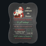 Weihnachtsgeschenkbörse Vintag Santa Chalkboard Einladung<br><div class="desc">Weihnachtsgeschenk-Austausch-Party, Vintager Weihnachtsmann mit Geschenk/Geschenk, Chalkboard-Stil, santa Roter Anzug/Hut/Weiß-Bart, Feier der Saison, Feiertagsvorlage, Rot/Grün/Beige Retro-Farben, festes/lustiges/einfaches Design, antike Illustration/Bild/digitale Collage, Vintag inspiriert/Stil/Look/Look/Look/Aussehen, vollständig anpassbare Textvorlage, grün/Weiß/Weiß/Weiß gestreift. Das Design des Party zum Austausch von Geschenken mit antiken Illustrationen des Weihnachtsmannes in rotem Anzug und den Worten "Feiern wir die Saison". Das...</div>
