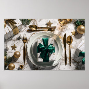 Weihnachtsgeschenkbox mit grünem Band auf festlich Poster