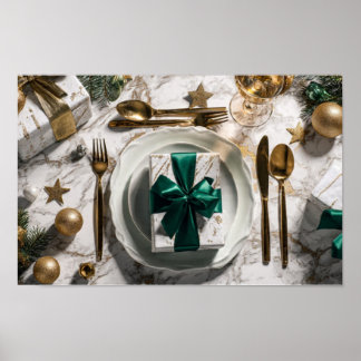 Weihnachtsgeschenkbox mit grünem Band auf festlich Poster