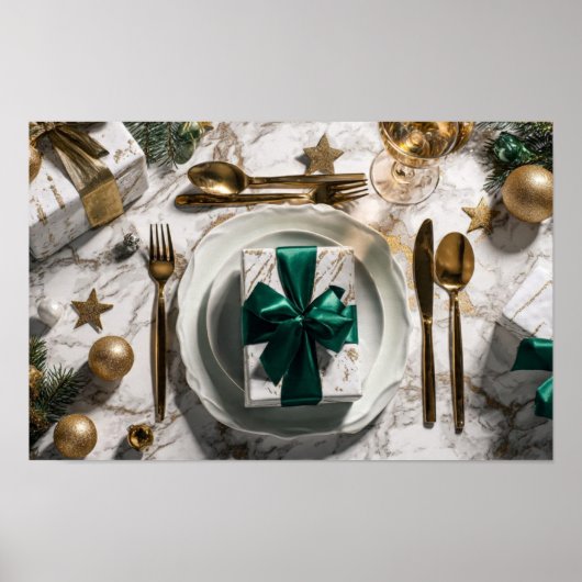 Weihnachtsgeschenkbox mit grünem Band auf festlich Poster (Vorne)