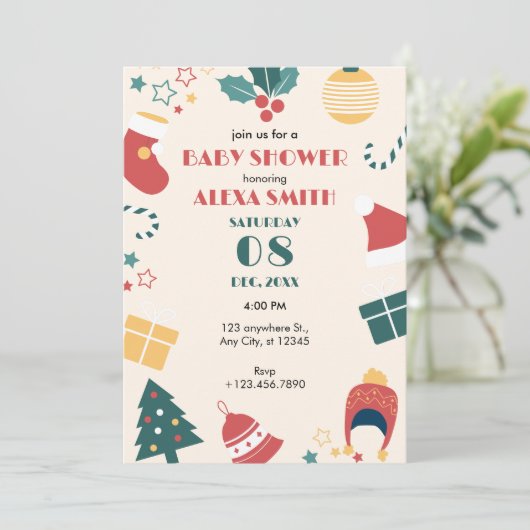 Weihnachtsgeschenke Babydusche Einladung (Stehend Vorderseite)
