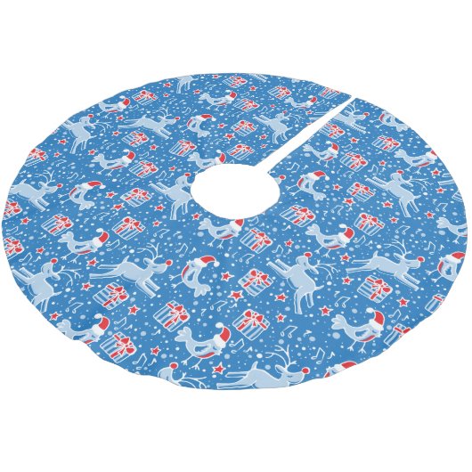 Weihnachtsgeschenke für Rentiere und Vögel blauer  Polyester Weihnachtsbaumdecke (Schrägansicht)