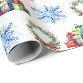 Weihnachtsgeschenke, Kränze und Schneeflocken Geschenkpapier (Rolleneckpunkt)