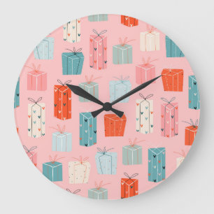 Weihnachtsgeschenke, rosa Hintergrund, vintage Mus Große Wanduhr