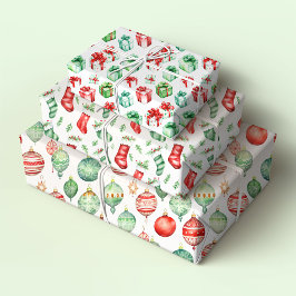 Weihnachtsgeschenke, Strümpfe und Ornamente Geschenkpapier Set