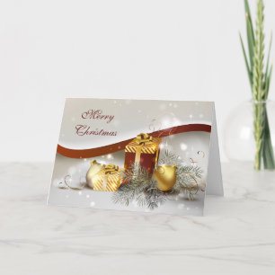 Weihnachtsgeschenke und -dekorationen aus Gold und Feiertagskarte