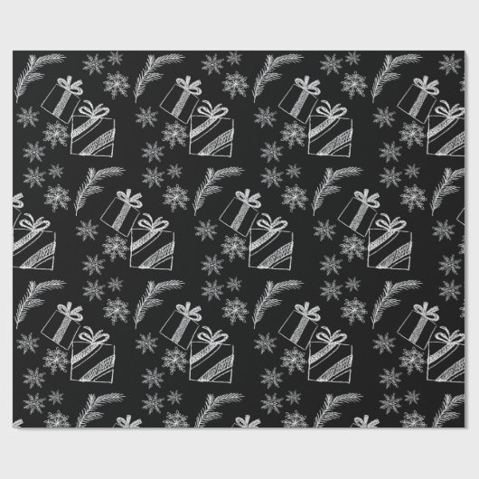 Weihnachtsgeschenke und Schnee in Schwarz und Weiß Geschenkpapier (Flach)