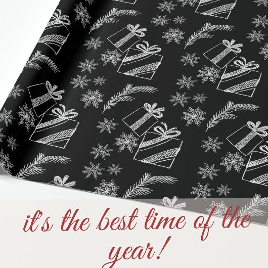 Weihnachtsgeschenke und Schnee in Schwarz und Weiß Geschenkpapier