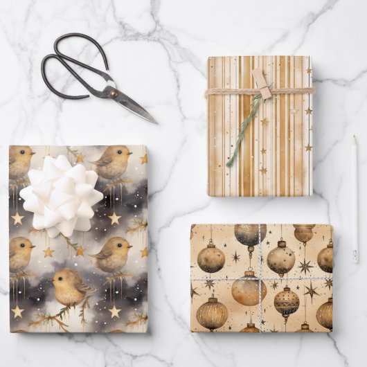 Weihnachtsgeschenke Wrap Stars und Robins Gold & W Geschenkpapier Set (Vorderseite)
