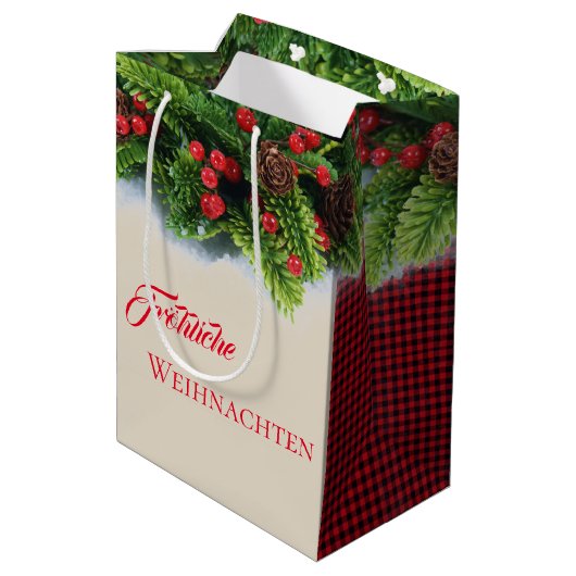 Weihnachtsgeschenktasche - Evergreen Frohliche Wei Mittlere Geschenktüte (Rückseite Schrägansicht)