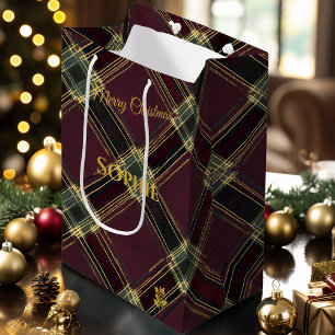 Weihnachtsgeschenktasche Plaid Tartan Goldmuster Mittlere Geschenktüte