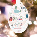 Weihnachtsgeschichte mit Illustrationen Foto Ornament<br><div class="desc">Moderne Weihnachtsgeschichte mit Illustrationen über Kiefern,  Pinguine,  Eisschuhe,  Eissee,  Häuser,  Dörfer,  Straße,  Berg,  Kabine,  Ski,  Schneemann und mehr! Fügen Sie Ihre positiven Gefühle,  mit Frieden und Liebe,  Freude,  Freude,  Hoffnung,  fröhlichste,  schätzen,  Umarmungen... . Fügen Sie Ihr Foto hinten hinzu.</div>