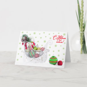 Weihnachtsgeschirr gefüllt mit Ornamenten Vintag Feiertagskarte