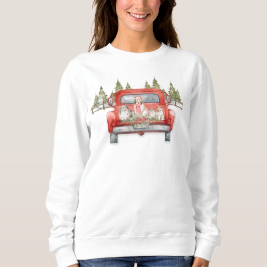 Weihnachtsgeschirr in einem Vintagen roten LKW Sweatshirt (Vorderseite)