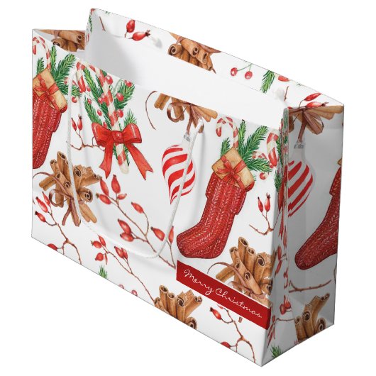 Weihnachtsgeschmack Zimt und Peppermint Muster Große Geschenktüte (Vorderseite Schrägansicht)