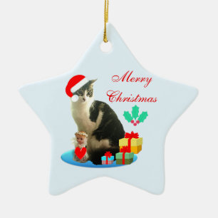 Weihnachtsgetigerte Katze, kleiner Engel & Geschen Keramik Ornament
