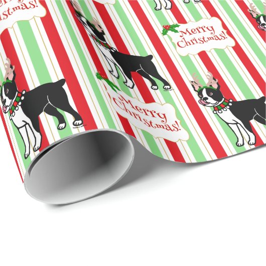 Weihnachtsgeweihe Bostons Terrier Geschenkpapier (Rolleneckpunkt)