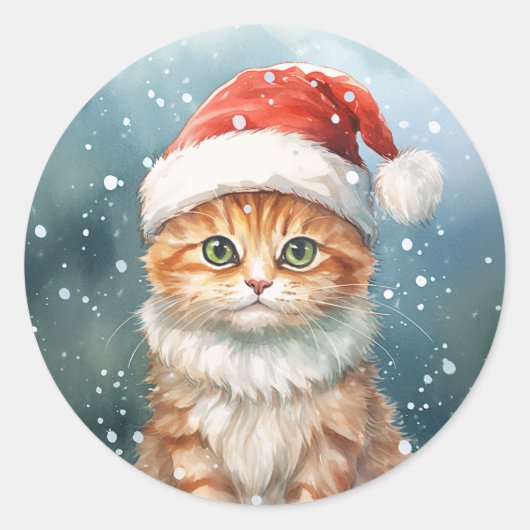 Weihnachtsgingkatze in Weihnachtsmannmütze im Wint Runder Aufkleber (Vorderseite)