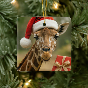 Weihnachtsgiraffe mit Feiertagsgeschenk Keramikornament