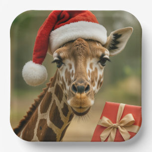 Weihnachtsgiraffe mit Feiertagsgeschenk Pappteller